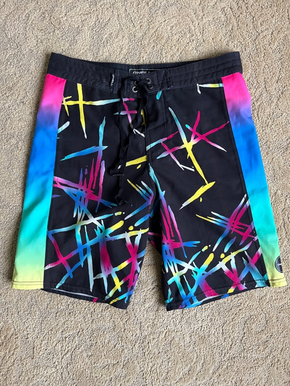 Boys O'Neill Black Boardshorts with Neon Teal Pink Yellow Accents